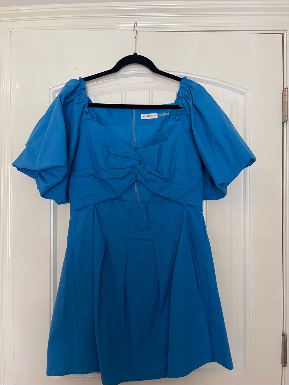 Vestique Bright Blue Knot-Front Puff Sleeve Mini Dress